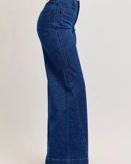 Judy Blue High-Waisted Retro Wide Jeans with Patch Pkts & Twisted Seams - Sleekdenim.com