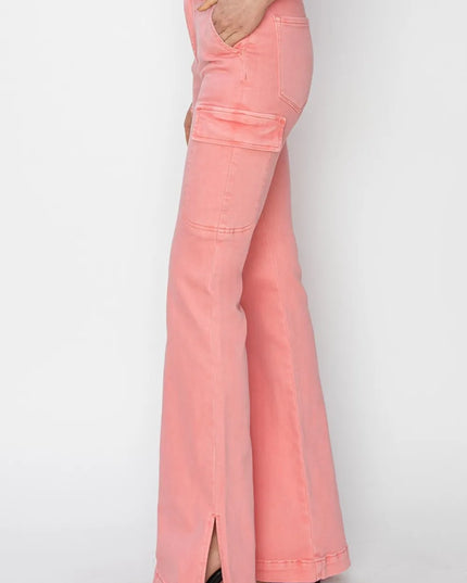 RISEN Full Size High Rise Side Slit Cargo Bootcut Jeans - Sleekdenim.com