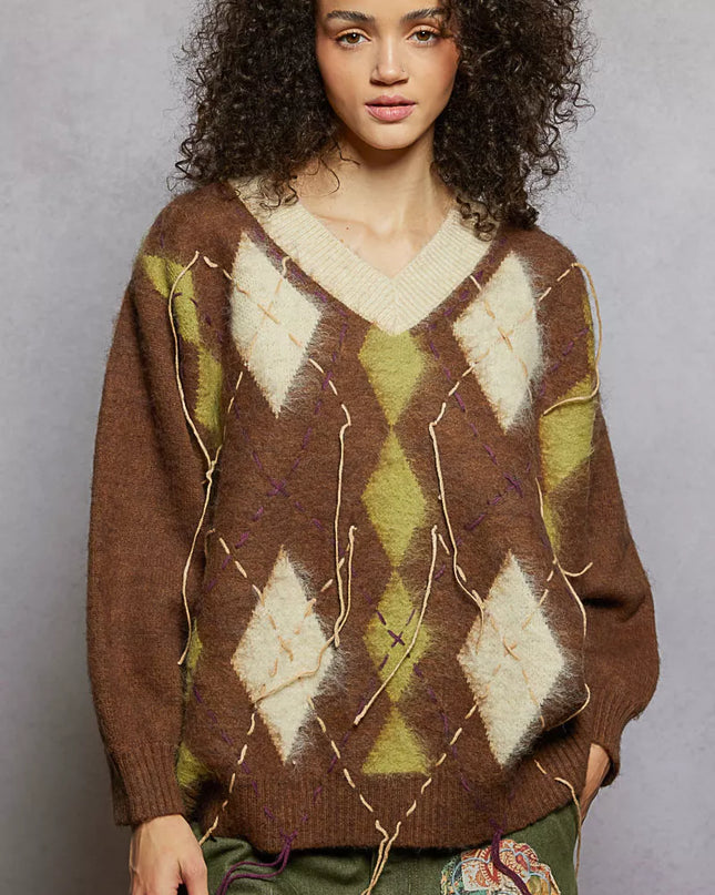 POL V-Neck Argyle Pattern Mohair Sweater with Contrast Exposed Stitch Detail - Sleekdenim.com