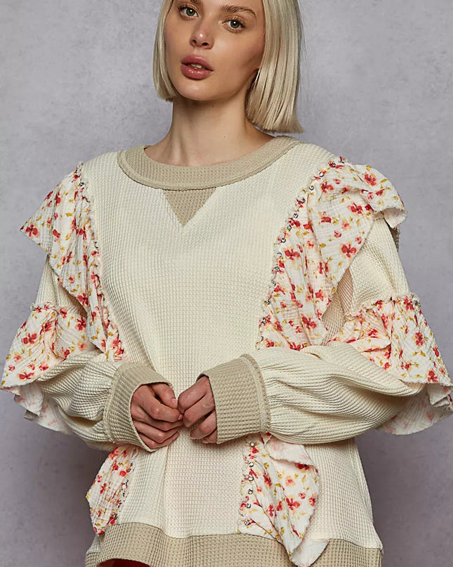 POL Round Neck Sweater with Floral Ruffle Detail - Sleekdenim.com