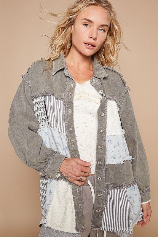 POL Raw Hem Patchwork Dropped Shoulder Jacket | Sleekdenim.com