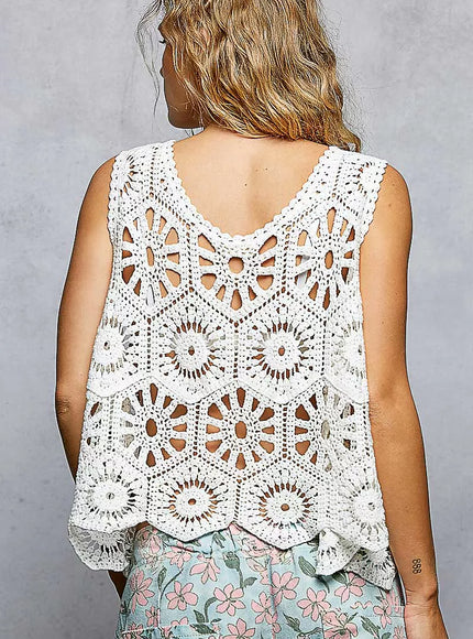 POL Boho Floral Crochet Sweater Vest with Scalloped Edge - Detail View 3