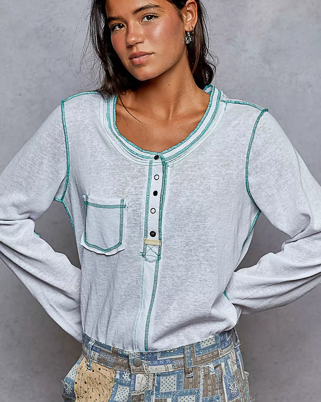 POL Round Neck Long Sleeve Top with Contrast Stitching - Sleekdenim.com
