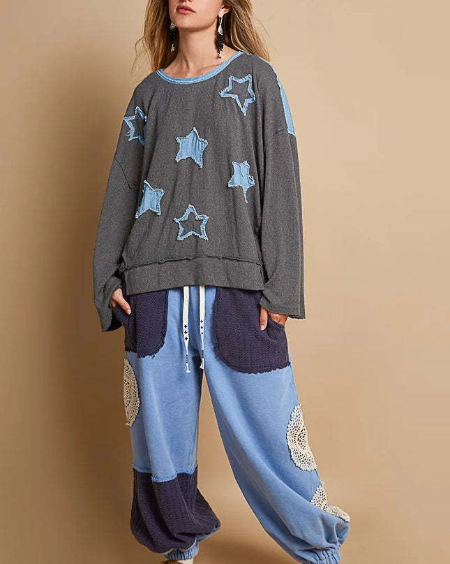 POL Exposed Seam Relaxed Fit Sweater with Star Denim Patch - Sleekdenim.com