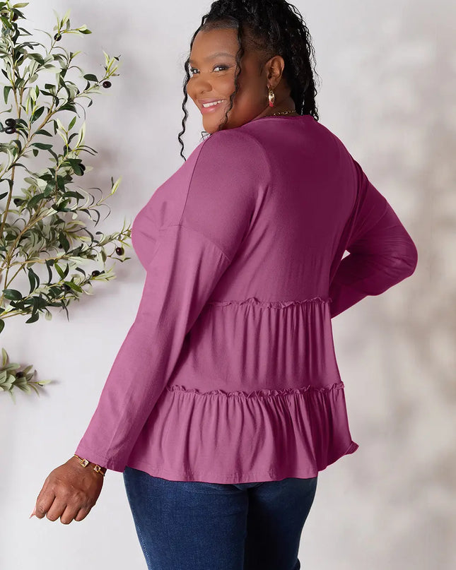 Double Take Half Button Long Sleeve Ruffle Hem Blouse - Sleekdenim.com