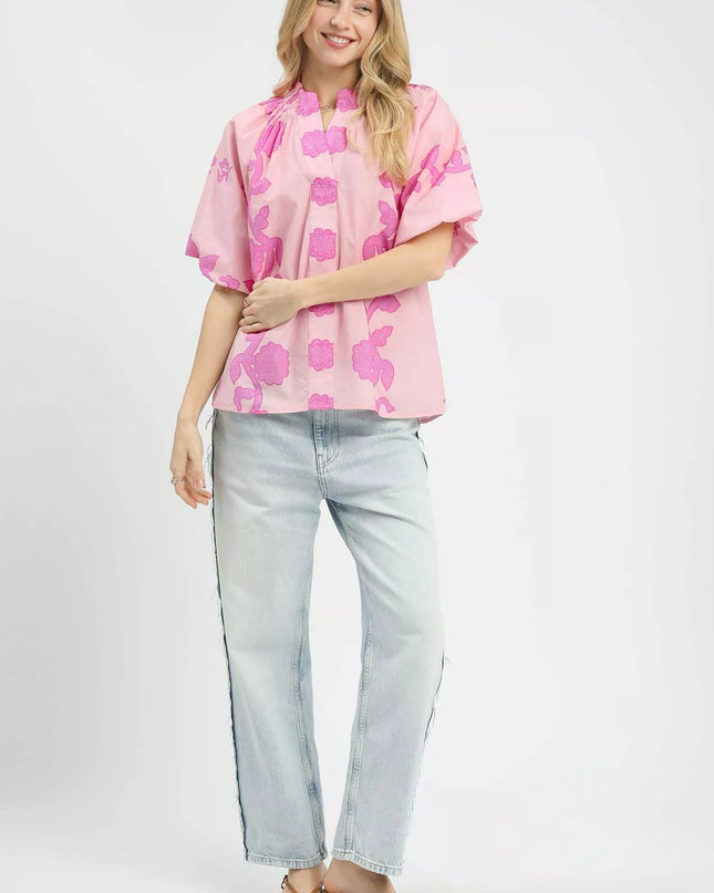 Umgee Floral Smocked Notched Puff Sleeve Blouse - Sleekdenim.com