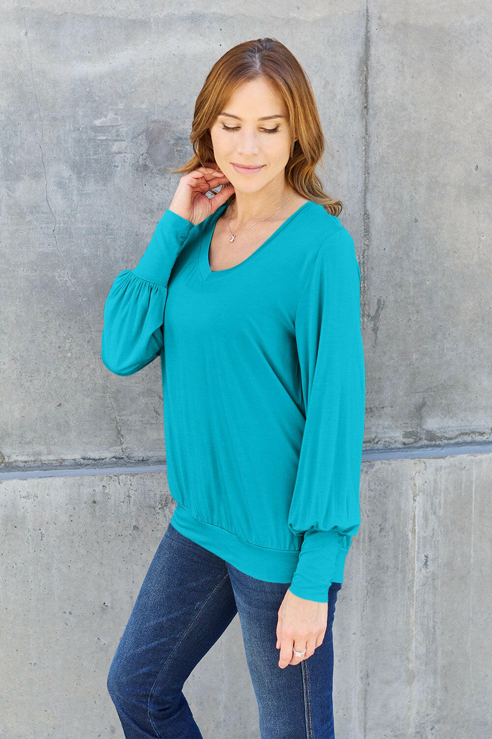 Basic Bae Full Size V-Neck Lantern Sleeve Top Sky Blue