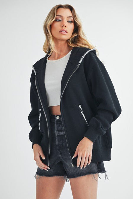 Aemi + Co Contrast Trim Zip Up Hoodie Jacket - Sleekdenim.com