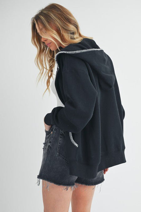 Aemi + Co Contrast Trim Zip Up Hoodie Jacket - Sleekdenim.com