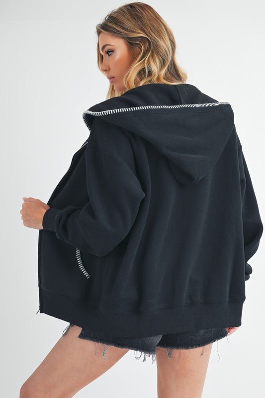 Aemi + Co Contrast Trim Zip Up Hoodie Jacket - Sleekdenim.com