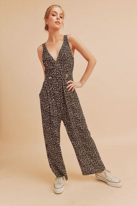 Aemi + Co Ditsy Floral Surplice Sleeveless Wide Leg Jumpsuit - Sleekdenim.com