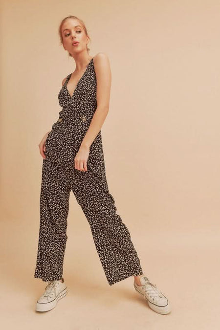 Aemi + Co Ditsy Floral Surplice Sleeveless Wide Leg Jumpsuit - Sleekdenim.com