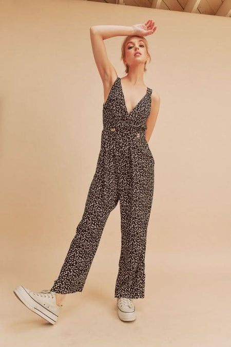 Aemi + Co Ditsy Floral Surplice Sleeveless Wide Leg Jumpsuit - Sleekdenim.com