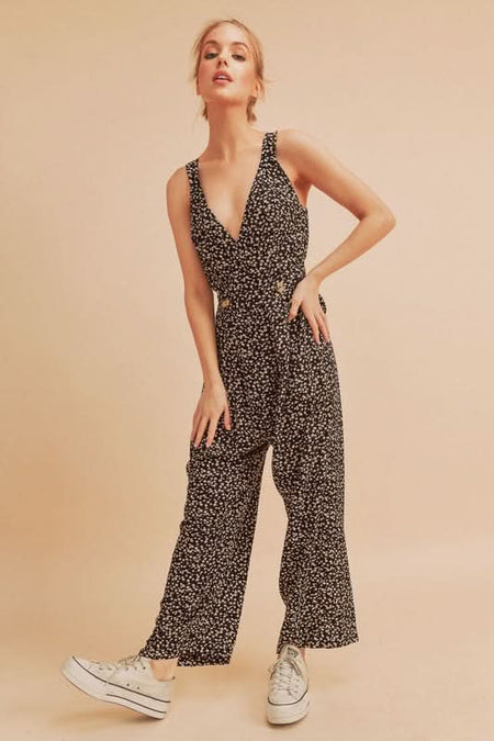 Aemi + Co Ditsy Floral Surplice Sleeveless Wide Leg Jumpsuit - Sleekdenim.com