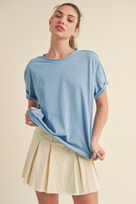 Aemi + Co Exposed Seam Round Neck Short Sleeve T-Shirt - Sleekdenim.com