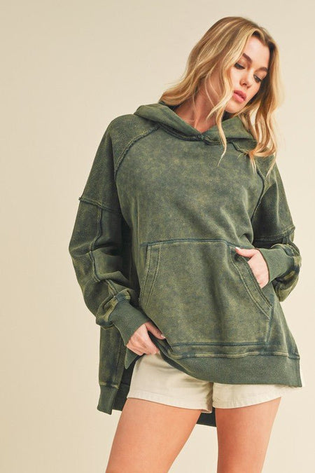 Aemi + Co Exposed Seam Side Slit Hoodie with Kangaroo Pocket - Sleekdenim.com