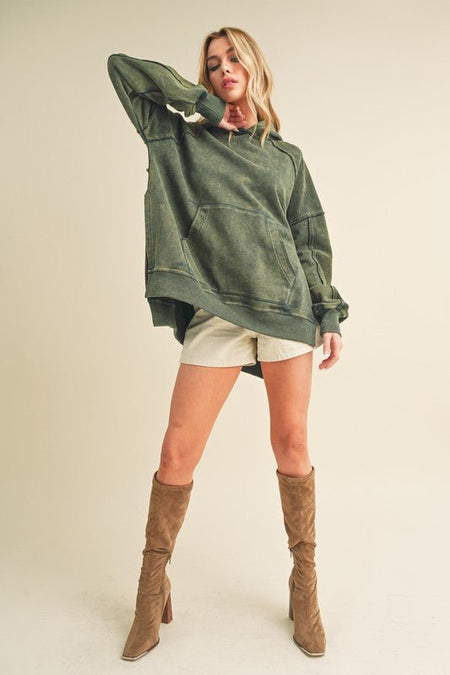 Aemi + Co Exposed Seam Side Slit Hoodie with Kangaroo Pocket - Sleekdenim.com