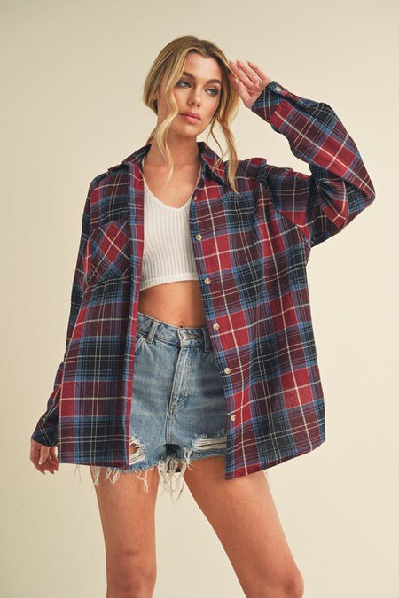 Aemi + Co Flannel Plaid Button Up Raglan Sleeve Shirt - Sleekdenim.com