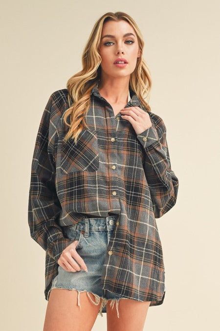 Aemi + Co Flannel Plaid Button Up Raglan Sleeve Shirt - Sleekdenim.com