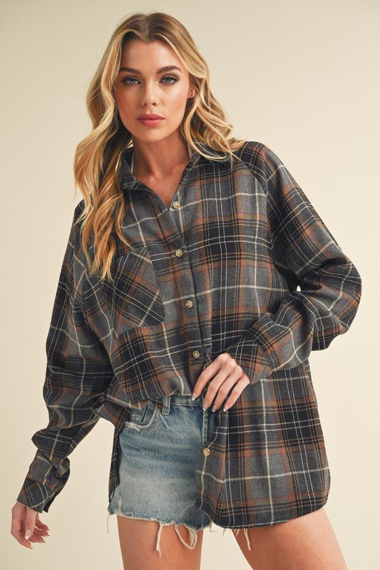 Aemi + Co Flannel Plaid Button Up Raglan Sleeve Shirt - Sleekdenim.com