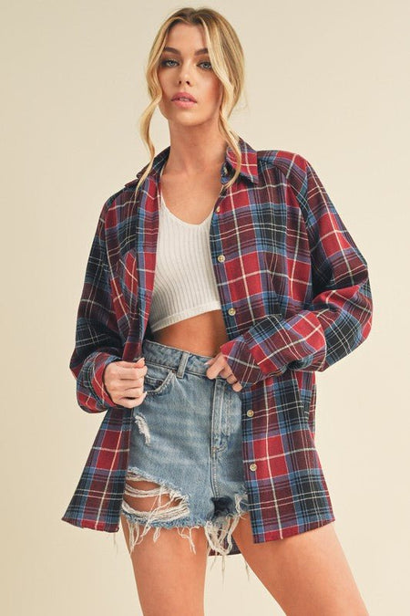 Aemi + Co Flannel Plaid Button Up Raglan Sleeve Shirt - Sleekdenim.com