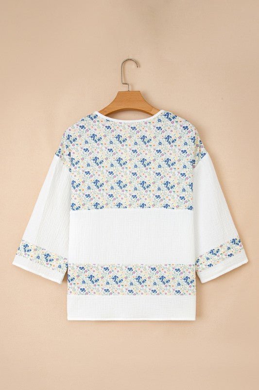 Aemi + Co Floral Gauze Patchwork 3/4 Sleeve Blouse - Sleekdenim.com