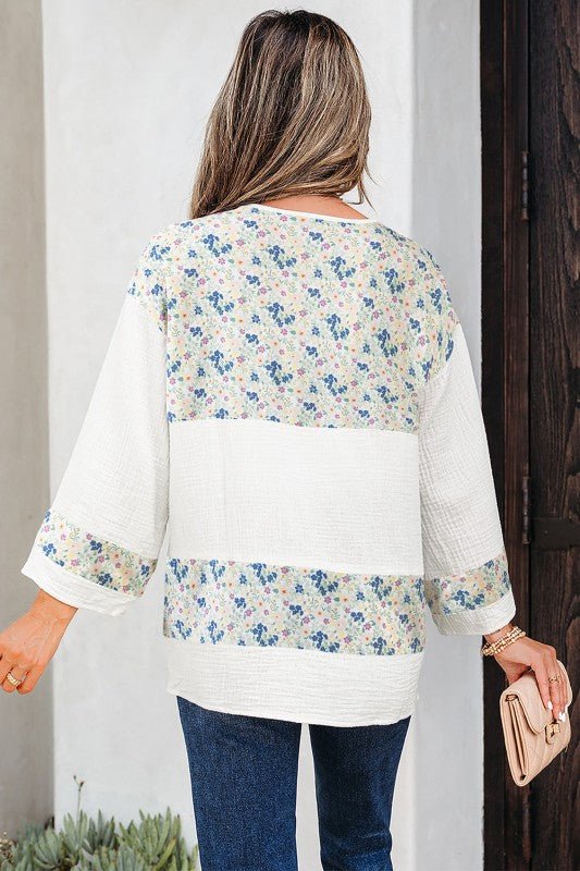 Aemi + Co Floral Gauze Patchwork 3/4 Sleeve Blouse - Sleekdenim.com