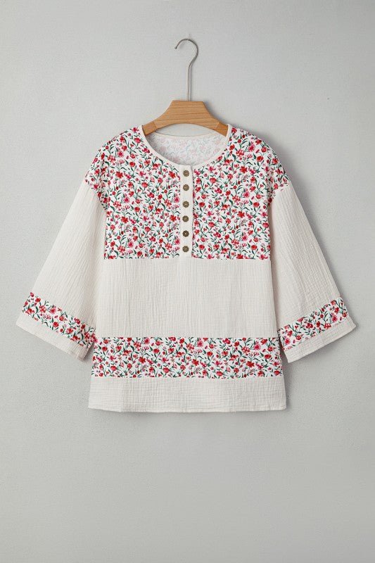Aemi + Co Floral Gauze Patchwork 3/4 Sleeve Blouse - Sleekdenim.com