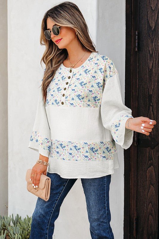 Aemi + Co Floral Gauze Patchwork 3/4 Sleeve Blouse - Sleekdenim.com