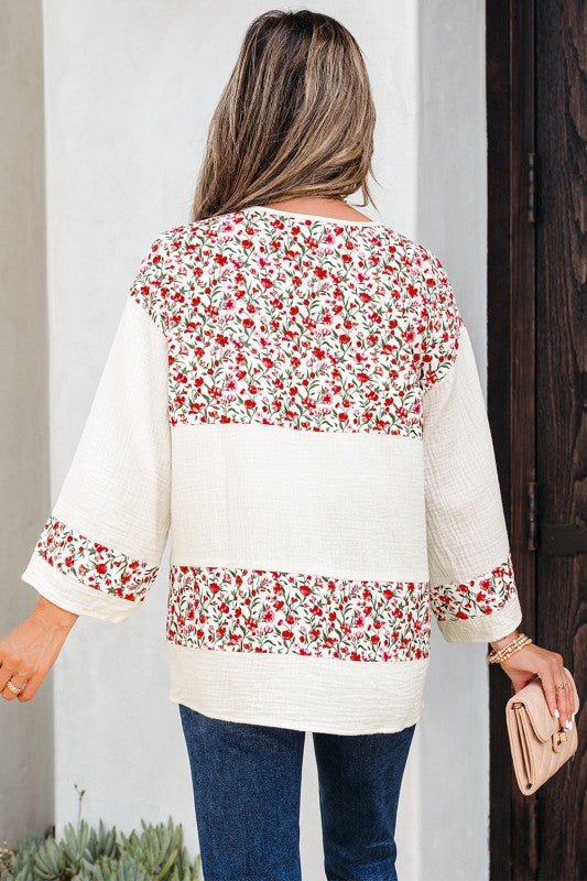 Aemi + Co Floral Gauze Patchwork 3/4 Sleeve Blouse - Sleekdenim.com