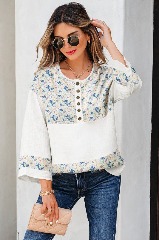 Aemi + Co Floral Gauze Patchwork 3/4 Sleeve Blouse - Sleekdenim.com
