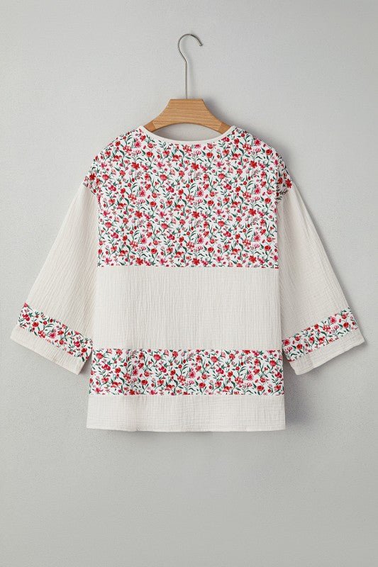 Aemi + Co Floral Gauze Patchwork 3/4 Sleeve Blouse - Sleekdenim.com