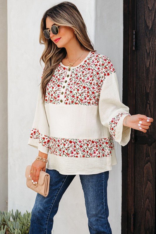 Aemi + Co Floral Gauze Patchwork 3/4 Sleeve Blouse - Sleekdenim.com