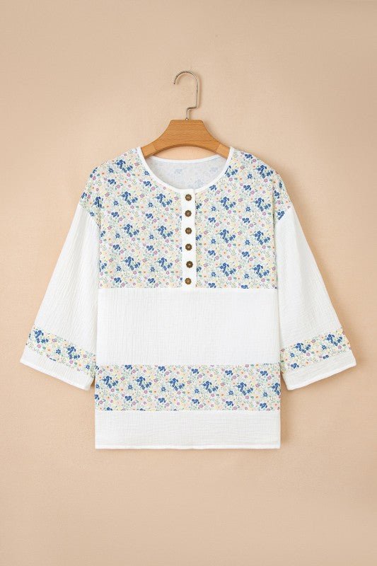 Aemi + Co Floral Gauze Patchwork 3/4 Sleeve Blouse - Sleekdenim.com