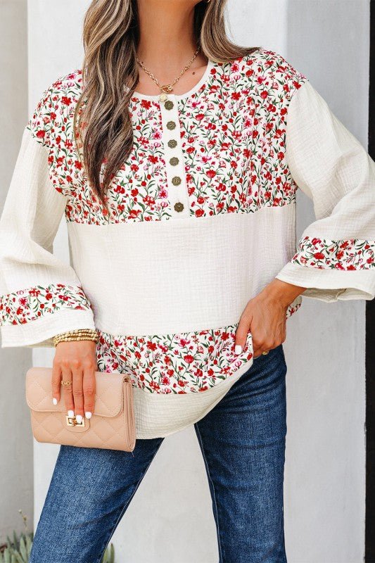Aemi + Co Floral Gauze Patchwork 3/4 Sleeve Blouse - Sleekdenim.com