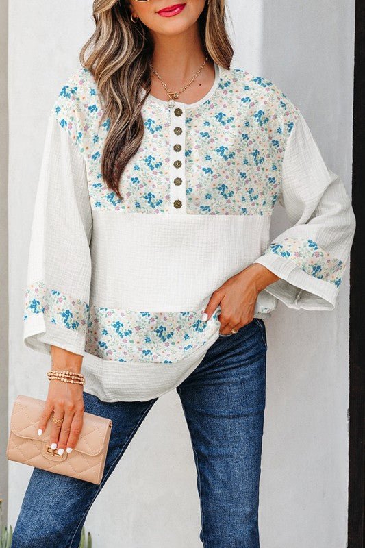 Aemi + Co Floral Gauze Patchwork 3/4 Sleeve Blouse - Sleekdenim.com
