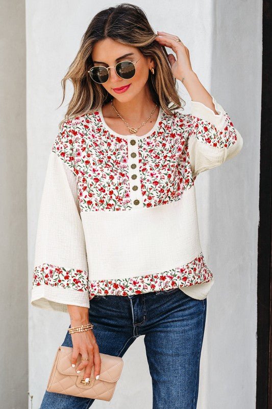Aemi + Co Floral Gauze Patchwork 3/4 Sleeve Blouse - Sleekdenim.com