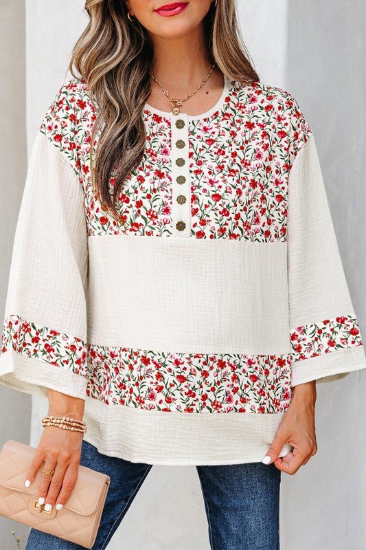 Aemi + Co Floral Gauze Patchwork 3/4 Sleeve Blouse - Sleekdenim.com