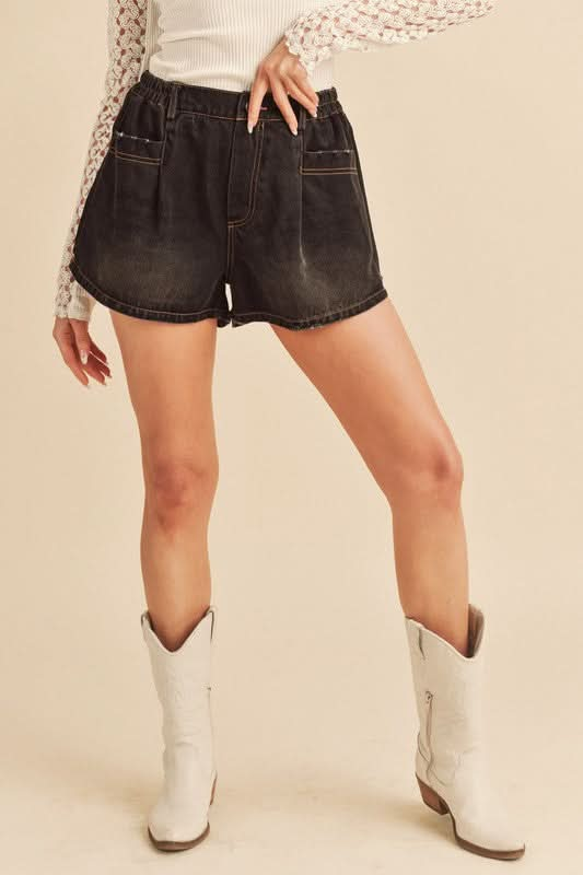 Aemi + Co Frayed Hem Elastic Waist Denim Shorts - Sleekdenim.com