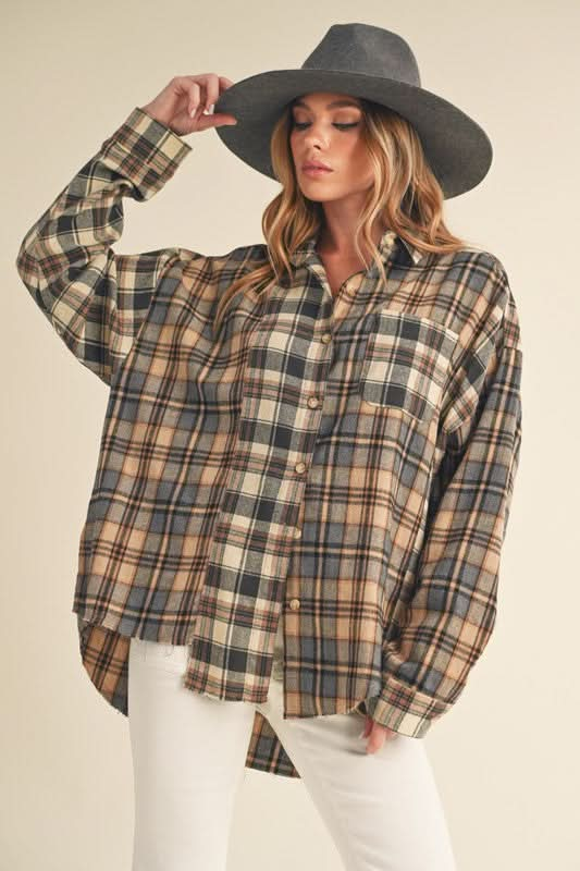 Aemi + Co Frayed Hem Plaid Button Up Flannel Shirt - Sleekdenim.com