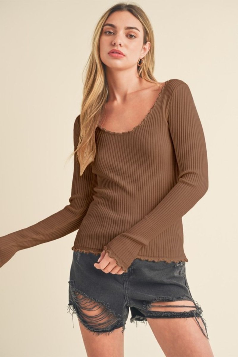 Aemi + Co Lettuce Hem Scoop Neck Long Sleeve Knit Top - Sleekdenim.com