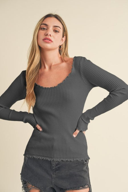 Aemi + Co Lettuce Hem Scoop Neck Long Sleeve Knit Top - Sleekdenim.com