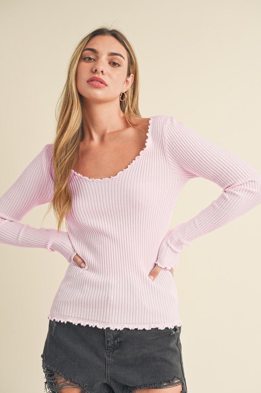 Aemi + Co Lettuce Hem Scoop Neck Long Sleeve Knit Top - Sleekdenim.com