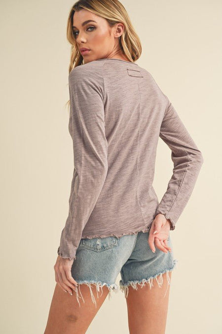 Aemi + Co Lettuce Hemline Round Neck Raglan long Sleeve T-Shirt - Sleekdenim.com