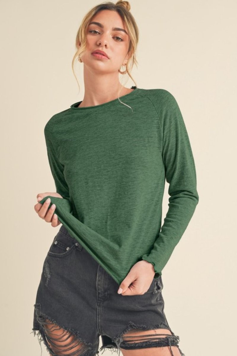 Aemi + Co Lettuce Hemline Round Neck Raglan Sleeve T-Shirt - Sleekdenim.com