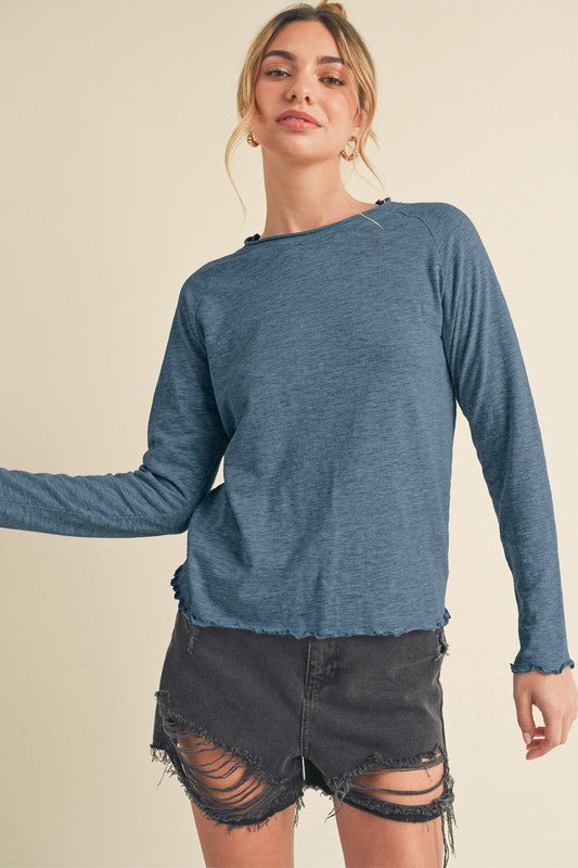 Aemi + Co Lettuce Hemline Round Neck Raglan Sleeve T-Shirt - Sleekdenim.com