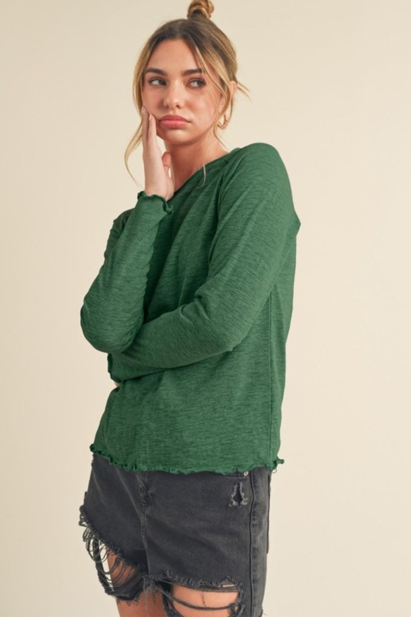 Aemi + Co Lettuce Hemline Round Neck Raglan Sleeve T-Shirt - Sleekdenim.com