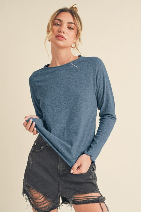 Aemi + Co Lettuce Hemline Round Neck Raglan Sleeve T-Shirt - Sleekdenim.com