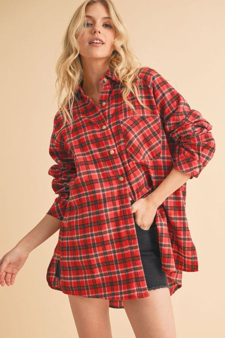 Aemi + Co Plaid Button Up Flannel Shirt with Chest Pocket - Sleekdenim.com