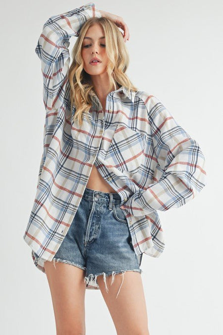 Aemi + Co Plaid Button Up Flannel Shirt with Chest Pocket - Sleekdenim.com